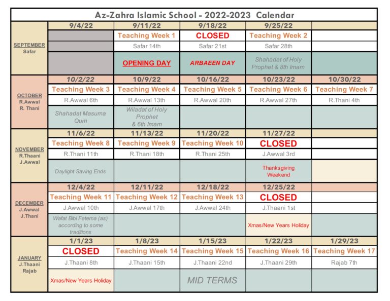 Current Calendar – Az-Zahra Islamic School